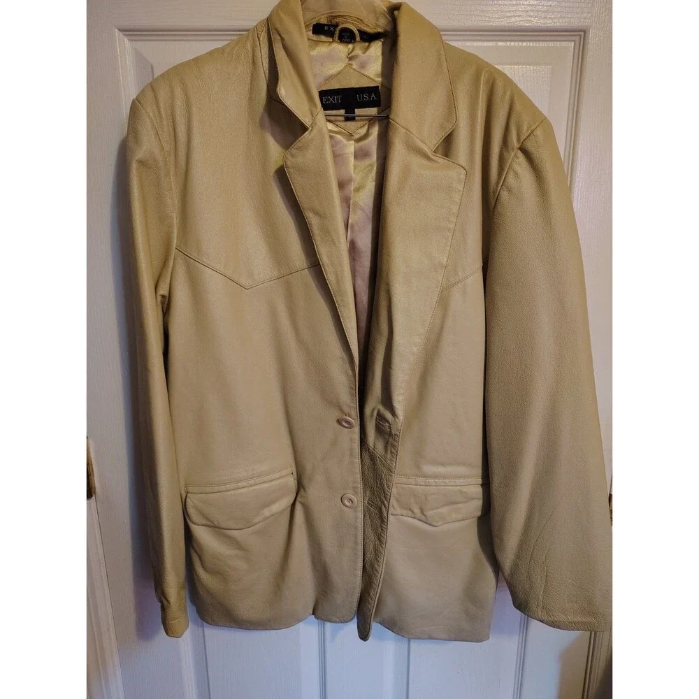 Vintage EXIT U.S.A. Mens Beige Leather Blazer Jacket, Solid, Size L